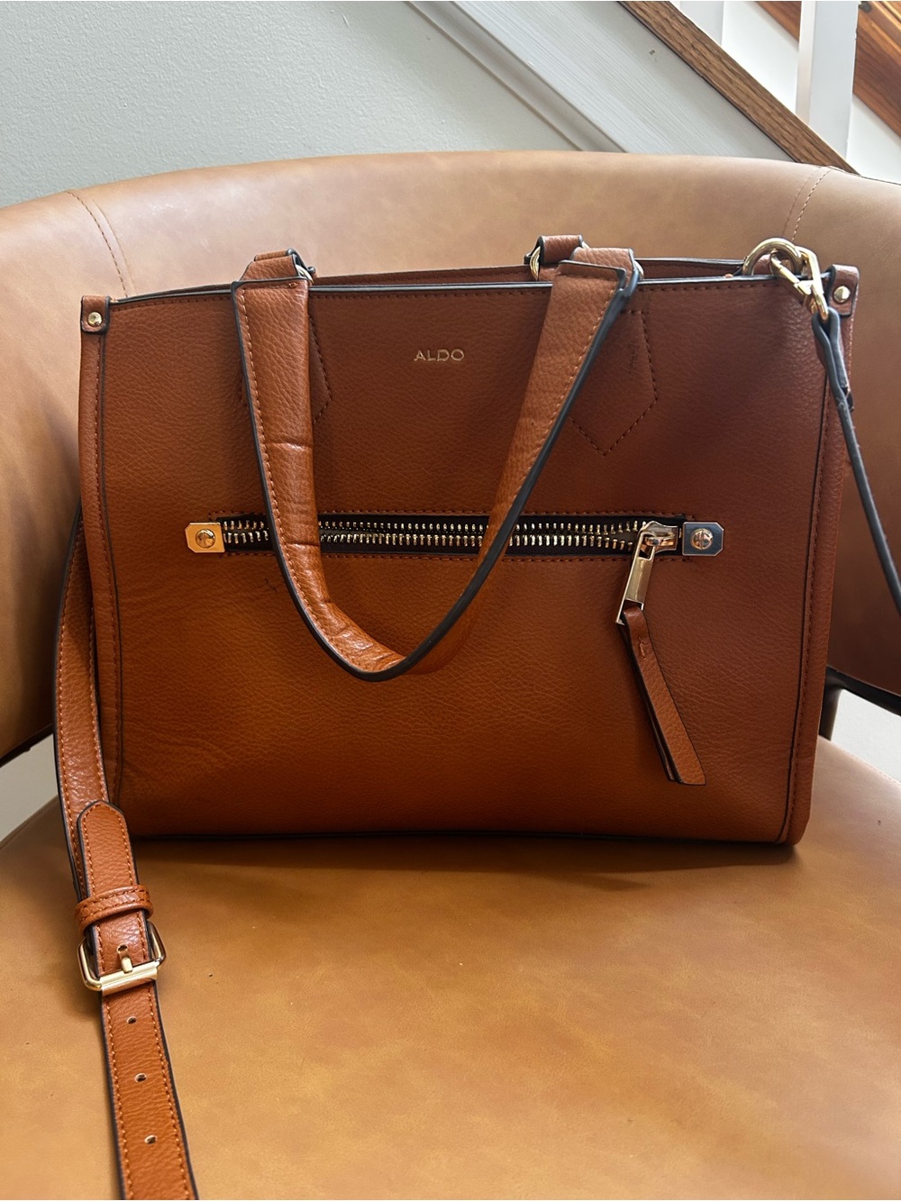ALDO Brown Leather Satchel with Front Zip Pocket